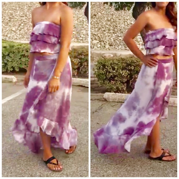 LAST Tie Dye Ruffle Crop Top Hi Low 2pc Skirt Set - Picture 4 of 6